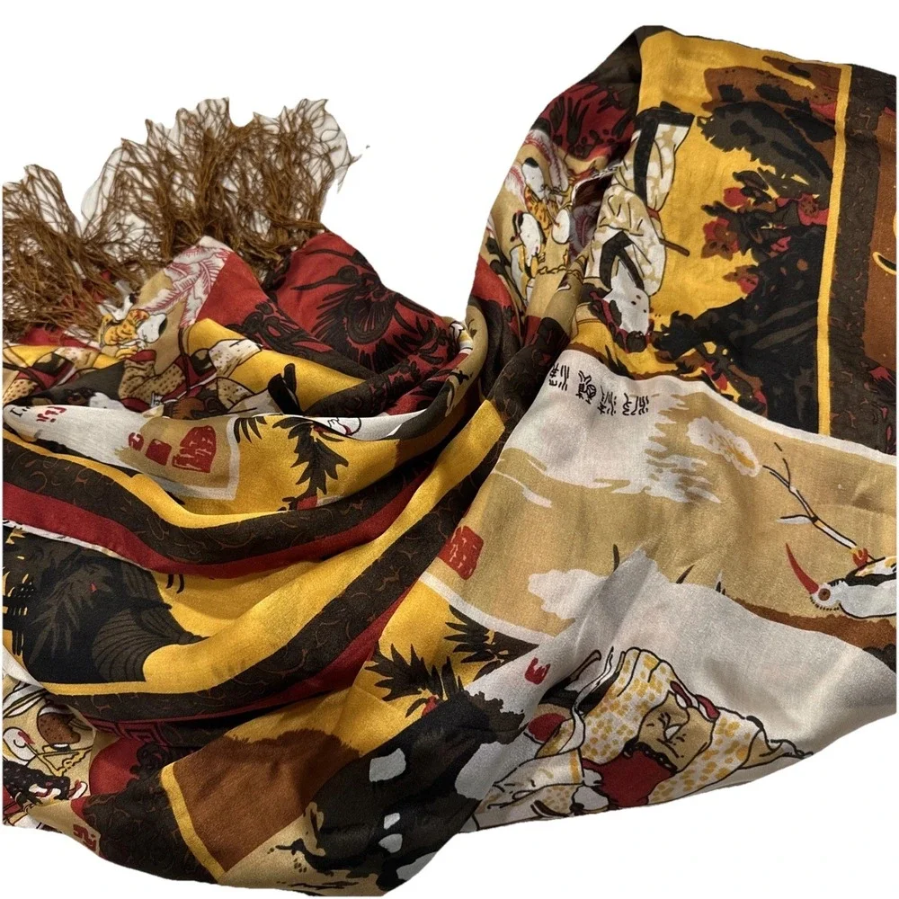 Jin Xiu Lang Japanese Folk Scenes Scarf 100% Silk Asian 65x20